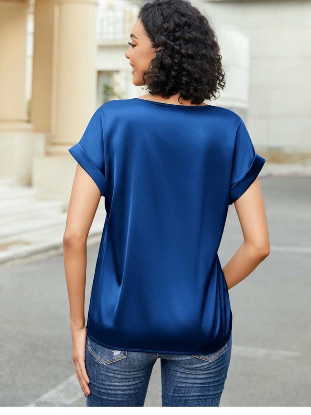 Satin Short-Sleeve Crewneck Top in Blue Womens XXL - Picture 2 of 5